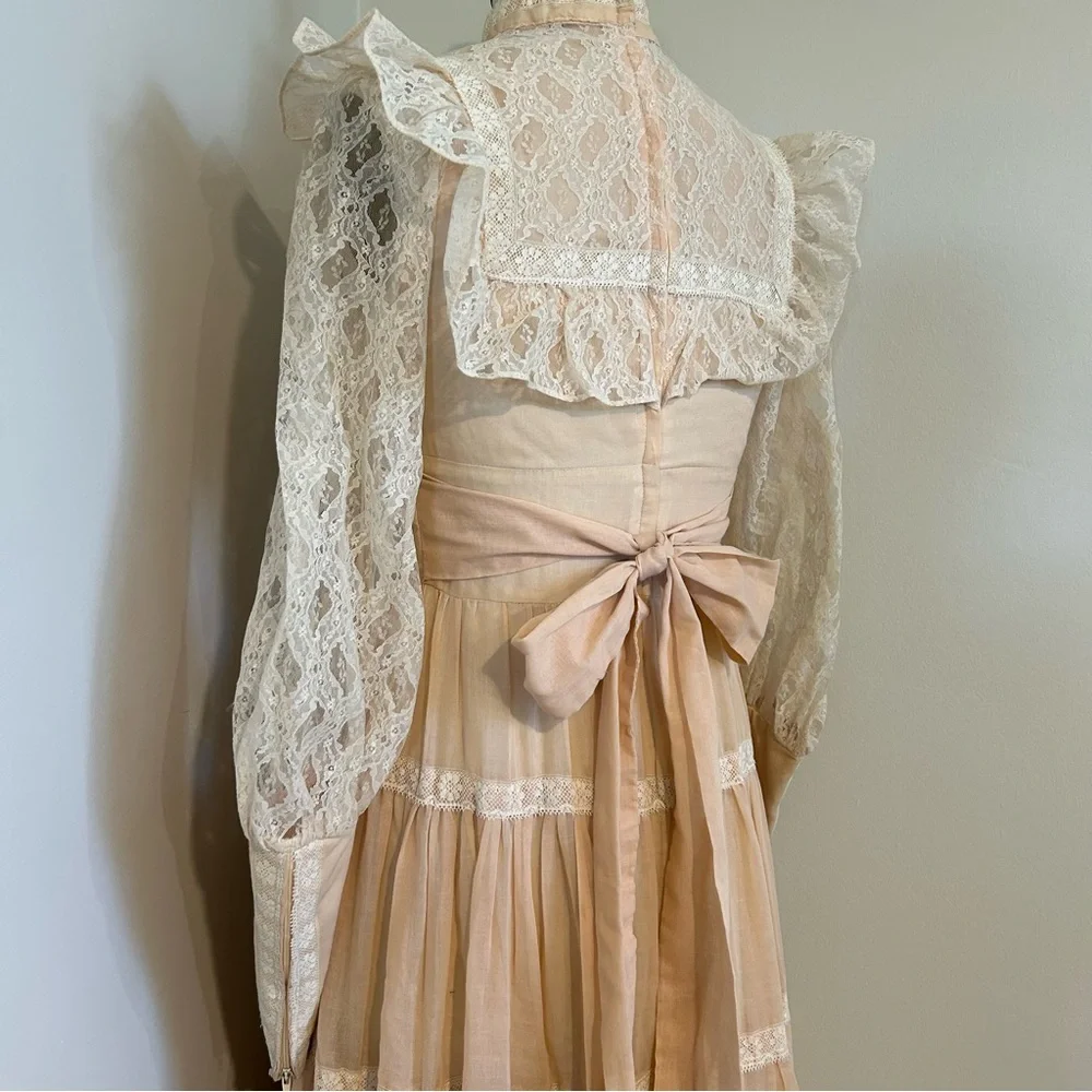 VTG 70s Gunne Sax Prairie Dress Gown Blush Pink Lace Prom Homecoming Sz 9 - Picture 5 of 9